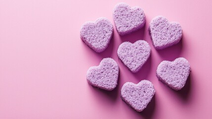 Fototapeta premium Cluster Of Purple Hearts On Pink Background