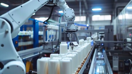 A dairy factory with robotic arms handling milk cartons, ensuring uniform packaging and quality control.