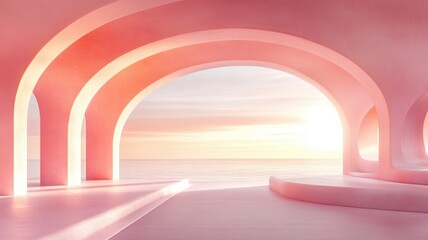 Minimalist pink hallway with repeating arch openings, sunlight streaming through, creating background serene architectural perspective and spatial depth abstraction in pastel colors