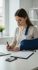 Injury Claim: Woman with Arm Sling Filling Out Insurance Forms. Accident Compensation & Medical Paperwork at Home.