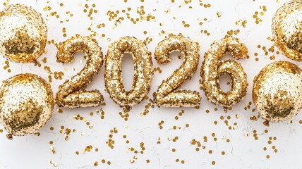 Shiny golden balloons, sparkling gliter confetti marking vibrant 2026 new year celebration against pristine white backdrop