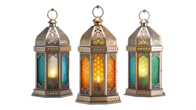 Colorful Ramadan fanous lamps arranged for a festive decor, isolated on a white transparent background, capturing the vibrant essence of Ramadan with intricate designs and warm hues