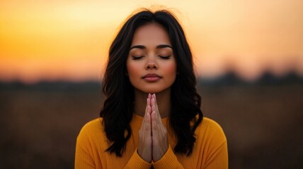 Christian Woman Sits Piously in Church, Prayer Hands, Seeks Guidance and Solace from Religious Faith and Spiritual Belief in God. She is Focused on her Spirituality with Closed Eyes