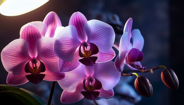 Phalaenopsis Anthura Narbonne, Moth Orchid Narborre Noir blooming under lamp in winter