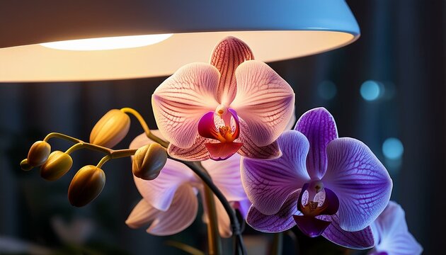 Phalaenopsis Anthura Narbonne, Moth Orchid Narborre Noir blooming under lamp in winter