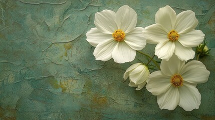 White cosmos flowers on teal textured backdrop
