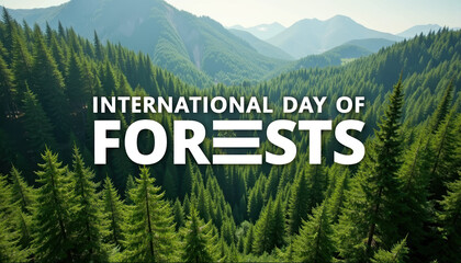 Artistic banner for International Day of Forests displaying sunlight streaming through trees in a serene landscape.