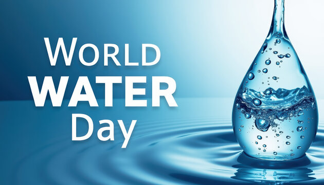 Water droplet image on a blue background showcasing the theme of World Water Day with emphasis on conservation and awareness in a visually appealing banner.