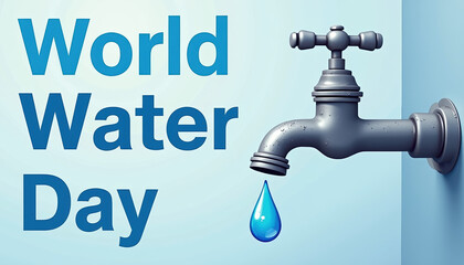 Creative banner for World Water Day featuring a water faucet and drop, focusing on the importance of water conservation and promoting community values.