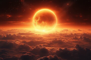 A stunning sunset over clouds, creating a dramatic celestial atmosphere.