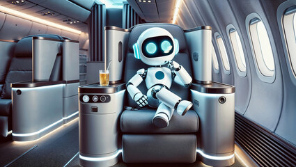 A robot sitting in first class on an airplane