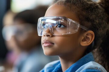 A young student wearing safety glasses attentively listens during a STEM class, Empowering students to pursue careers in STEM fields