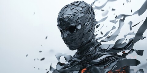 Dark figure unraveling into ribbons and fragments against light background