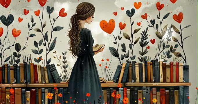 A librarian matches hearts through books in this whimsical flat design love illustration