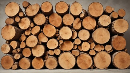 A densely packed arrangement of uniformly cut tree trunks, showcasing the concentric rings and natural textures of the wood
