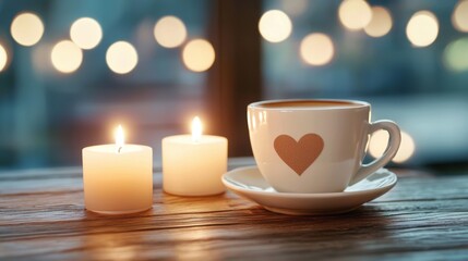 Cozy Evening Setting with Cup of Coffee and Soft Candlelight