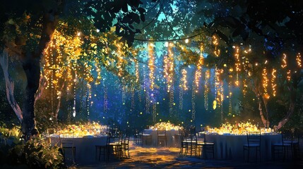 Naklejka premium Pixellated outdoor reception area with string lights, tables and decorations.