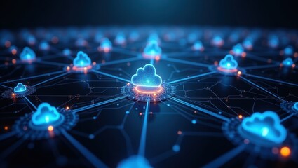Illustration of interconnected network nodes representing servers or computers in a digital cloud environment