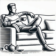 A sleek illustration of a person resting on a cozy couch, enjoying a peaceful moment with a cup of tea, on an isolated white background, exuding relaxation and calmness.