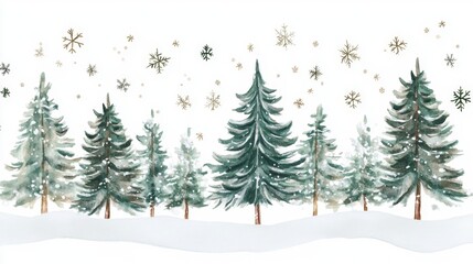 Fototapeta premium Captivating snowfall scene snowy woods watercolor illustration winter wonderland eye-level view serene nature