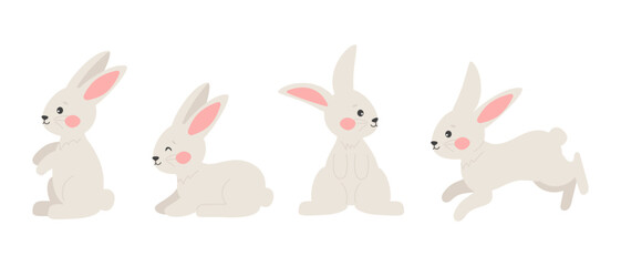 Cute bunny collection in different poses. Vector illustration isolated