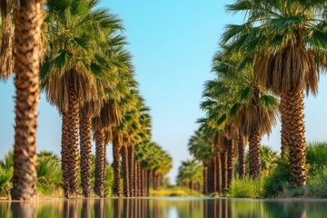 A serene pathway lined with palm trees under a clear blue sky, reflecting on calm waters, showcasing nature's beauty.