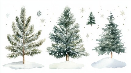 Fototapeta premium Depicting winter's embrace detailed watercolor illustration of pine trees snowy forest art piece nature close-up serene atmosphere
