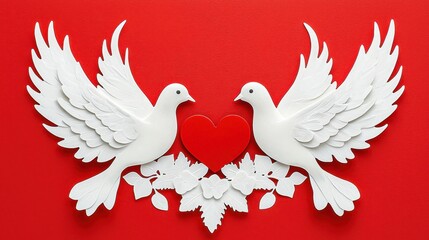 Obraz premium Elegant White Doves with Heart on Bright Red Background Artwork