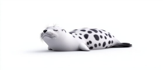 A cute cartoon seal with black spots, lying down on a clean white background.