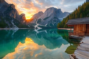 Sunrise over alpine lake, cabin reflection, mountain backdrop, travel poster