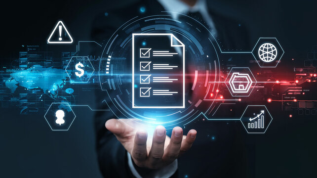 A futuristic digital interface with a holographic checklist held by a hand, symbolizing technology, security, and data analysis in the modern digital world. - Powered by Adobe