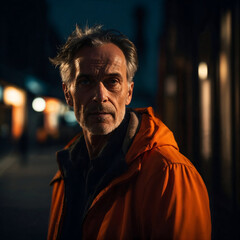 Fototapeta premium Middle-aged man with gray hair and a serious expression standing in a dimly lit urban street at night. Dramatic lighting and deep shadows create a moody and cinematic atmosphere