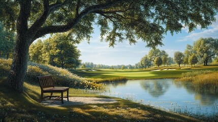 A bench is placed in front of a lake, with a golf course in the background