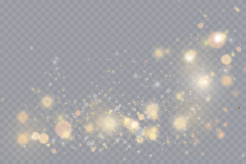 Magical golden cloud of glitter dust. Fine, shiny bokeh glitter particles and fine bright dust. Christmas golden glow effect on transparent PNG background.