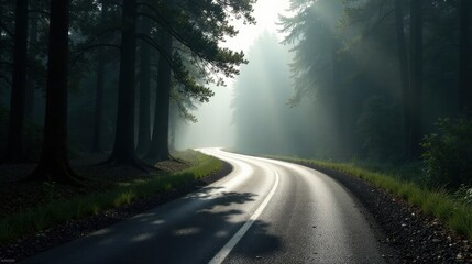 Obraz premium Serene Winding Road Through a Misty Forest at Dawn, Illuminated by Sunbeams Piercing the Canopy