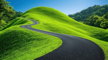 Winding Road Through Lush Green Hills Under Sunny Sky