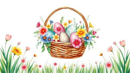 Springtime Pastel Basket with Floral Accents and Painted Eggs