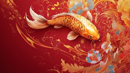 Swimming koi carp fish luxurious chinese setting artistic creation opulent surroundings aesthetic perspective elegant gold concept