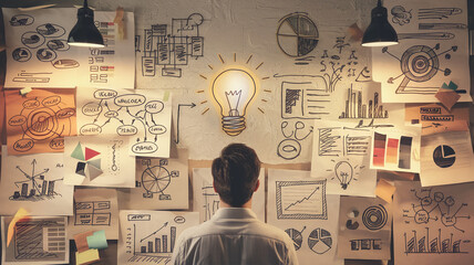 A person observing a wall filled with hand-drawn charts, graphs, and diagrams, symbolizing brainstorming, planning, or problem-solving for business or creative processes.