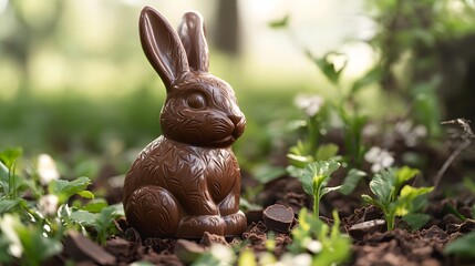 Obraz premium Chocolate bunny rests among greenery, sunlight catching its smooth surface in a serene outdoor setting.