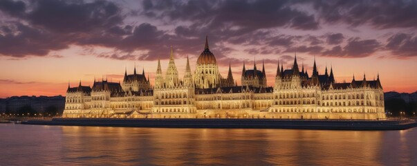Naklejka premium Panoramic view of the Hungarian Parliament Building in Budapest , europe, urban landscape, parliament building