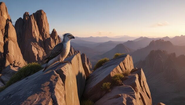 Patagonian zorzal perched on a rocky outcrop at dawn, dawn light, rocky outcrop, brown bird species