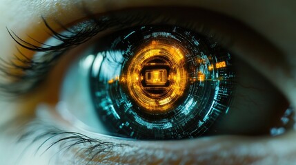 Futuristic Cybernetic Eye with Digital Interface and Advanced Technology Elements