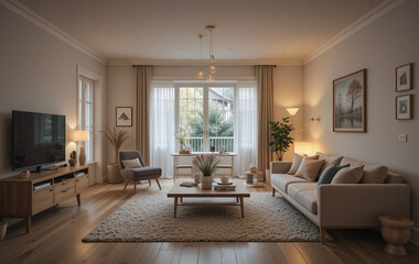 A stylish Scandinavian living room with wooden furniture and warm ambient lighting, clean and cozy