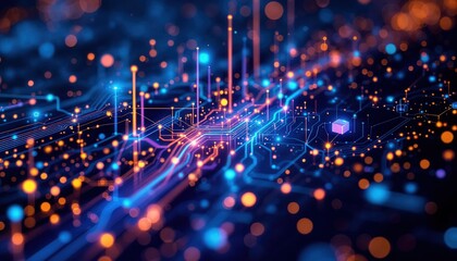 Close-Up of a Futuristic Digital Circuit Board in Vivid Neon Lights Background