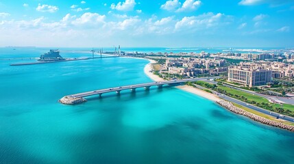 Aerial view of a coastal city with bridges and turquoise water during the day