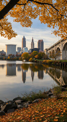 Cleveland's Autumnal Reflection: Stunning Skyline & Bridge View in Fall Foliage, Ohio Cityscape Beauty, USA Scenery