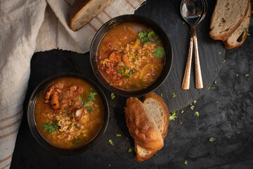 Vegan soup in black bowl