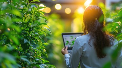 Woman Using Tablet in Lush Greenhouse with Sunlight Filtering Through Leaves