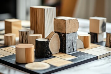 Various wooden geometric shapes displayed on a checkered board